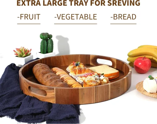 Miniatura 5 de Bandeja extra grande de 20" de madera de acacia con asas - Bandeja de madera para otomano, mesa de café, charcutería, cama y desayuno