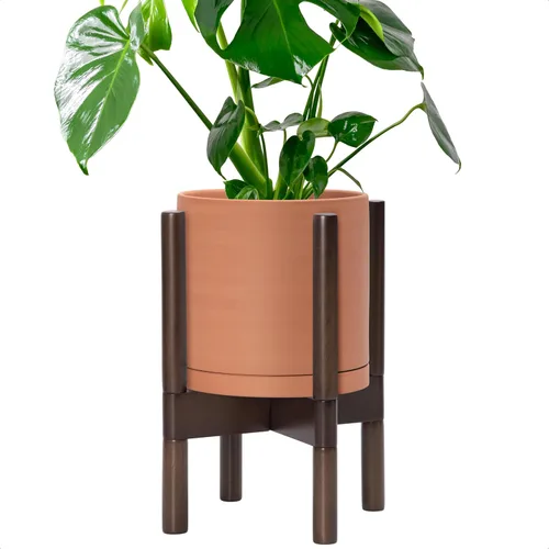 Miniatura 80 de D'vine Dev Maceta de cerámica con soporte de ébano – Maceta redonda moderna de 8 pulgadas con soporte para maceta de madera, color negro, 55-B-M-2