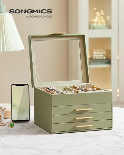 Miniatura 2 de SONGMICS Joyero organizador con tapa de cristal, almacenamiento de joyas de 4 capas, con 3 cajones, estilo moderno, 8 x 9.1 x 6.5 pulgadas