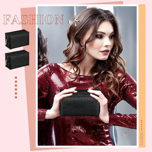 Miniatura 5 de 20 bolsas de maquillaje de piel sintética con cremallera, bolsas de maquillaje impermeables, contenedor de belleza para mujeres, regalos de Negro