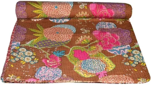 Miniatura 46 de Sophia-Art Colcha reversible de frutas indias para cama individual/king con patrón Gudri de algodón puro estilo Kantha, colcha decorativa con Rosa