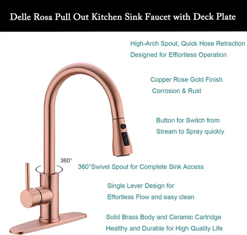 Miniatura 5 de Delle Rosa Grifo de cocina de cobre y oro rosa, montaje en cubierta, acero inoxidable 304, manija única, configuración de rociado de 3 vías, fácil
