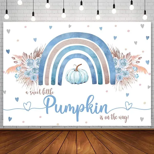 Sendy Telón de fondo bohemio de calabaza azul de 7 x 5 pies para baby shower, otoño, A Little Pumpkin Boy is on The Way, suministros de decoración
