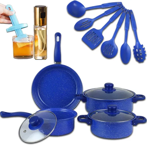 Miniatura 9 de Juego de utensilios de cocina de aluminio antiadherente de 7 piezas, ollas y sartenes, juegos de ollas y sartenes antiadherentes con tapas para Negro