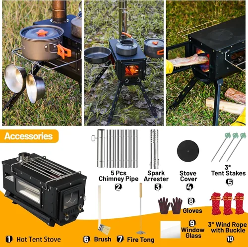 Miniatura 6 de Estufa de Tienda AVOFOREST Estufa de Leña con Pies Altos, Estufa de Tienda Caliente Portátil con 6 Tubos de Chimenea de Acero Inoxidable
