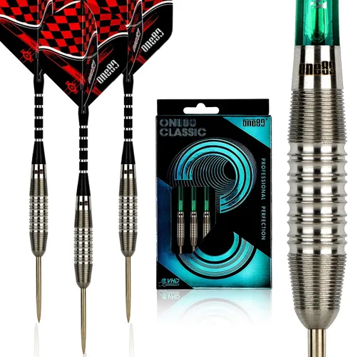 Miniatura 10 de ONE80 - Dardo de punta de acero profesional de tungsteno 90% VHD, estilo barril con vuelos extra, ejes y sacapuntas, caja de regalo con empaque