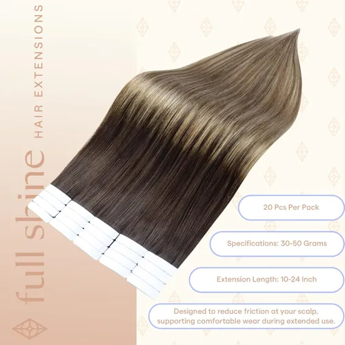 Miniatura 3 de Fshine Extensiones de cabello con cinta adhesiva de 22 pulgadas, extensiones de cabello real con raíces oscuras de degradado a marrón con reflejos #