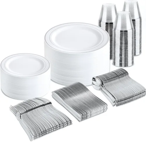 Miniatura 16 de bUCLA Juego de vajilla de plástico dorado desechable de 150 piezas, platos dorados resistentes que incluyen 25 platos de cena y 25 platos de postre