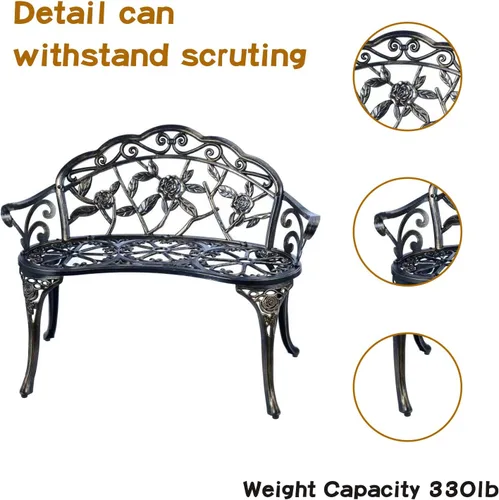 Miniatura 5 de YKSY&YKSY Banco de jardín para patio, banco de parque de metal, muebles de aluminio fundido para exteriores con rosa floral para patio, parque