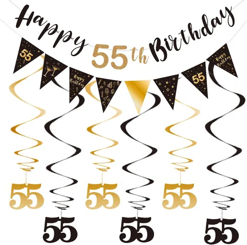BRT Bearingshui Kit de decoración de cumpleaños número 55 para hombres y mujeres, pancarta de feliz cumpleaños 55, serpentinas de remolinos,