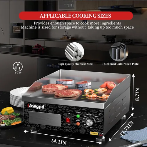 Miniatura 4 de Plancha eléctrica comercial de 14 pulgadas, plancha eléctrica de encimera plana, parrilla eléctrica superior plana de 110 V 1800 W, parrilla
