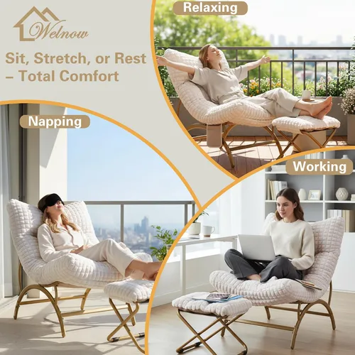 Miniatura 7 de Welnow Silla perezosa beige con otomana, silla de lectura de gran tamaño para adultos, silla de descanso acolchada suave para sala de estar