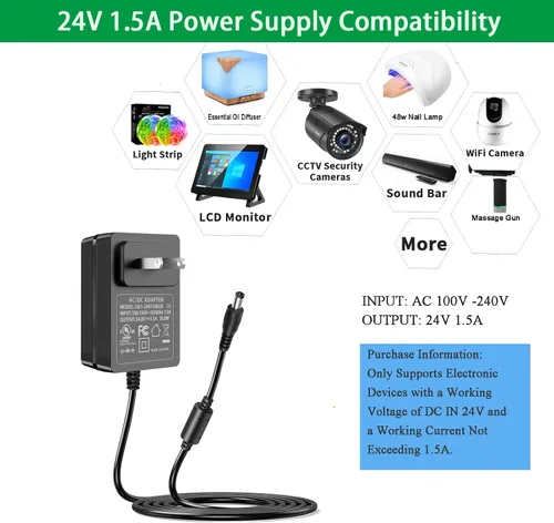 Miniatura 3 de Fuente de alimentación de 24 V 1.5 A, cable de alimentación CC 24 V, para tira de luz LED de 24 V CC difusor de aceite esencial de 24 voltios, CA