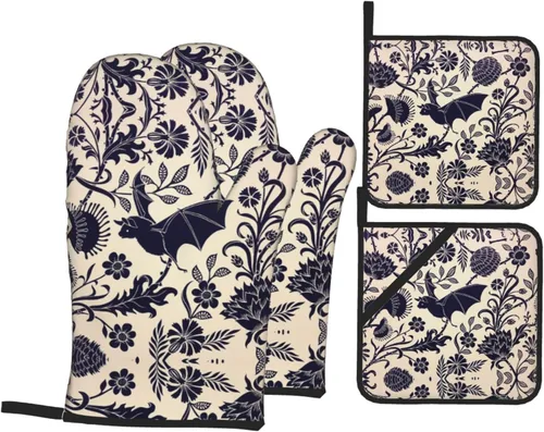Juego de 4 manoplas de horno y soportes para ollas con diseño de murciélagos y flores, almohadillas resistentes al calor con guantes de barbacoa de