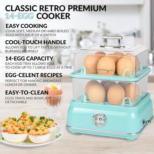 Miniatura 2 de Nostalgia CLEC14AQ Retro Premium Cocedor Eléctrico de Huevos Duros Grande de 14 Huevos, Escalfados, Revueltos, Tortillas, Claras, Sándwiches