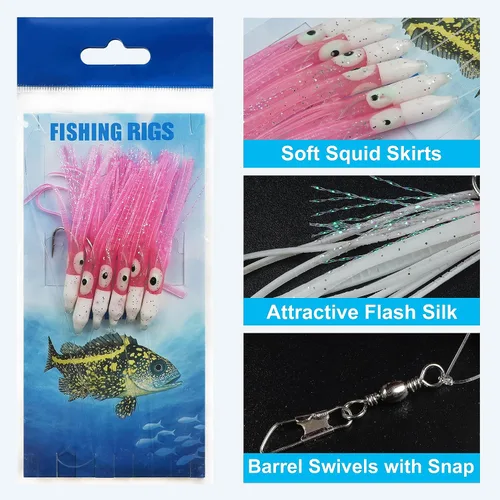 Miniatura 4 de Juego de aparejos de cebo de pesca para agua salada, 6 paquetes de señuelos de cebo de calamar, aparejos de pesca de surf con gancho de falda