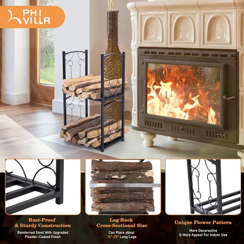 Miniatura 2 de PHI VILLA Estante de leña de 2 capas resistente, soporte de doble capa para leña de chimenea, estante de almacenamiento con clasificación