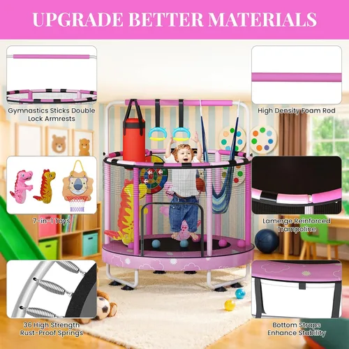 Miniatura 3 de LAMERGE Trampolín redondo 7 en 1 de 55 pulgadas para niños y niñas de 1 a 8 años, trampolín para interiores y exteriores para diversión, barandilla
