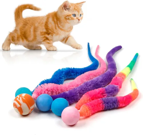 Miniatura 11 de SHENGSEN Pelota que Rebota con Cola Juguetes para Gatos-5 Paquetes, Gusano Mágico con Juguete de Pelota Grande y Colorida para Gatos, Pelotas que