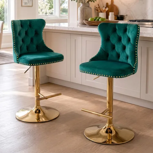 Miniatura 45 de SoarFlash Juego de 2 taburetes de bar tapizados de terciopelo moderno con patas de madera, botones acolchados, cabeza de clavo cromada, asiento
