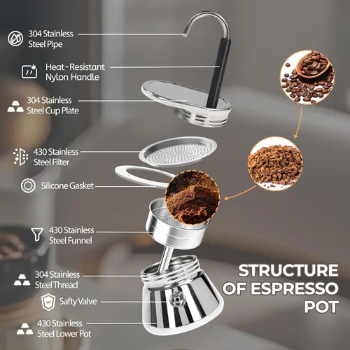 Miniatura 4 de Cafetera Moka de 1 Taza, Tubo Simple, sin Recubrimiento, de Acero Inoxidable Grueso 304, Mini Cafetera de Espresso para Estufa, Estilo Clásico
