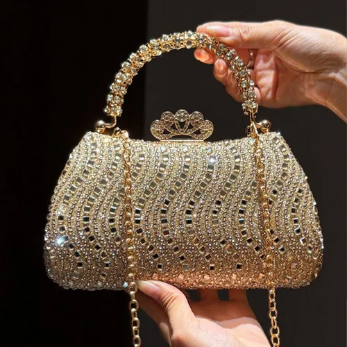 Miniatura 2 de Bolso de mano de noche con diamantes de imitación de cristal para mujer con cierre de corona de asa dorada, cadena desmontable formal para gala