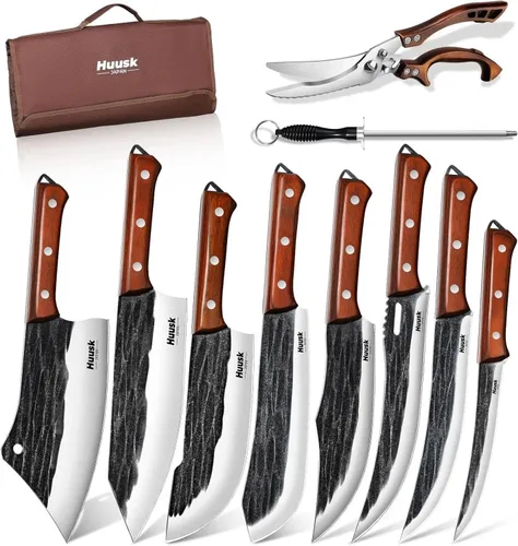 Juego de Cuchillos de Carnicero Huusk, Juego de Cuchillos de Chef de Carnicero Forjados a Mano con Bolsa, Cuchillo de Carne Agudo y Cuchillos de