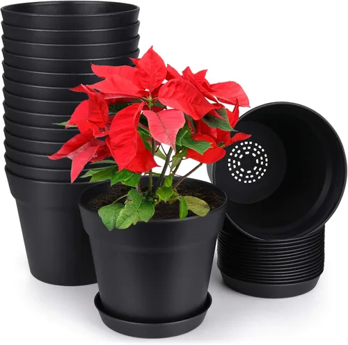 homenote Macetas para plantas, paquete de 15 macetas de plástico de 6 pulgadas con múltiples agujeros de drenaje y bandeja, macetas para todas las