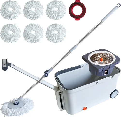 Trapeador giratorio y cubo con escurridor en ruedas, sistema de cubo giratorio de 180° con 6 cabezales de repuesto de microfibra lavables, mango