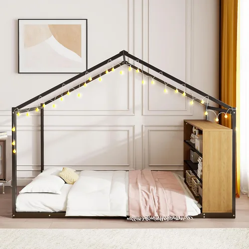 Miniatura 4 de Cama juguetona en forma de casa de tamaño matrimonial con estantes y luces, marco de cama de metal con techo para niños, adolescentes y adultos, un
