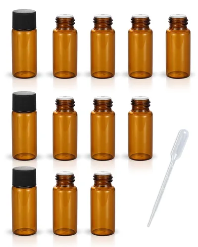 Miniatura 11 de Juego de 12 botellas de vidrio con tapa de rosca marrón, mini vial de aceite vacío (0.1 fl oz)