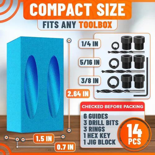 Miniatura 2 de Kit de plantilla de agujero de bolsillo compacto de 14 piezas con guía de taladro de ángulo de 15° - Construye juntas fuertes con tornillos ocultos.
