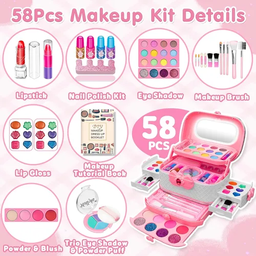 Miniatura 2 de 58Pcs Kit de maquillaje para niños para niña - Juego de cosméticos lavables reales con espejo iluminado - Juegos de maquillaje para niñas