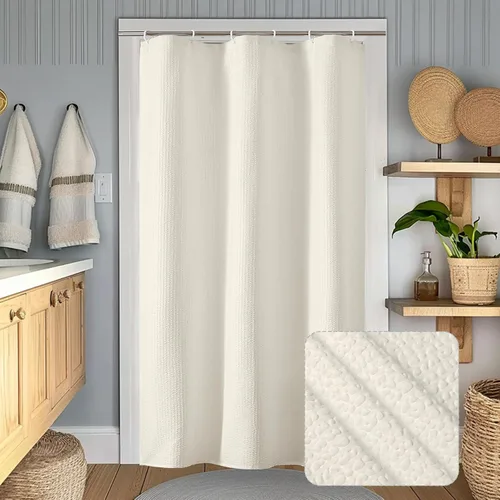 Miniatura 66 de OWENIE Cortina de ducha blanca para baño, 96 pulgadas, extra larga, elegante cortina de ducha de tela texturizada en relieve 3D, repelente al agua