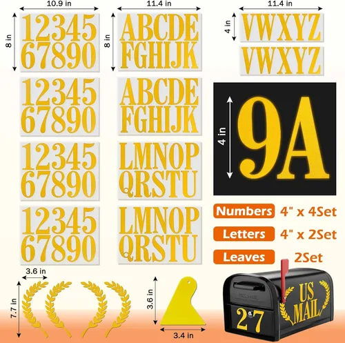 Miniatura 2 de Seloom 4" Calcomanías reflectantes para números de buzón y letras para exterior, adhesivas, números de buzón 4 juegos (0-9), letras 2 juegos (A-Z)