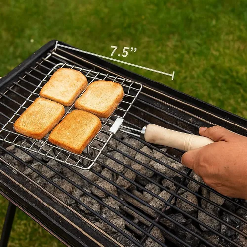 Miniatura 4 de Papad Jali - Asador de alambre de acero inoxidable Papad Jali, parrilla de asado multifuncional con mango redondo de madera (7.5 pulgadas)