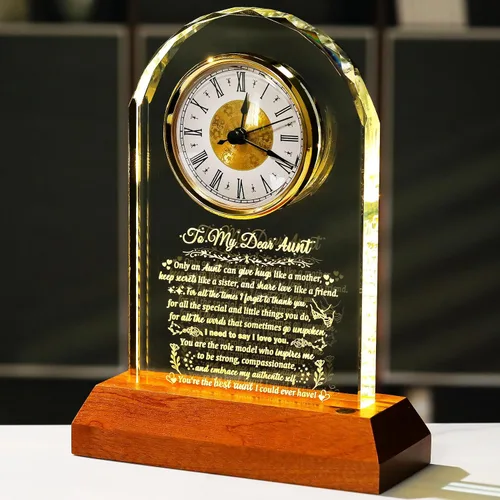 Arikyrist Regalos para Tía de Sobrina y Sobrino con Base de Madera con Luz, Reloj de Cristal Significativo para Tía, Regalos de Cumpleaños, Regalos