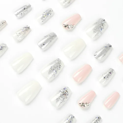Miniatura 2 de Uñas postizas artificiales a presión de longitud media con diseño de lentejuelas plateadas, cobertura completa, reutilizables, rosadas