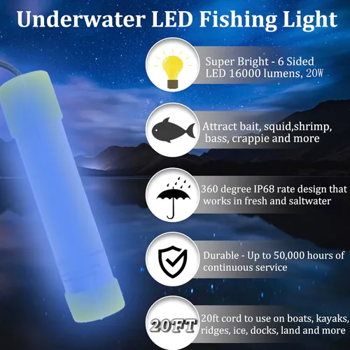 Miniatura 5 de Luz de pesca subacuática súper brillante de 16000 lúmenes, 20 W, 12 V, LED, sumergible, buscador de cebo de pesca nocturna, luz de caída profunda