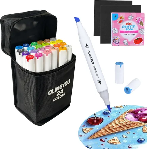 OLINGYOU Marcador para colorear, juego de marcadores de doble punta fina y cincel, 24 colores, marcadores de arte permanentes para libros de