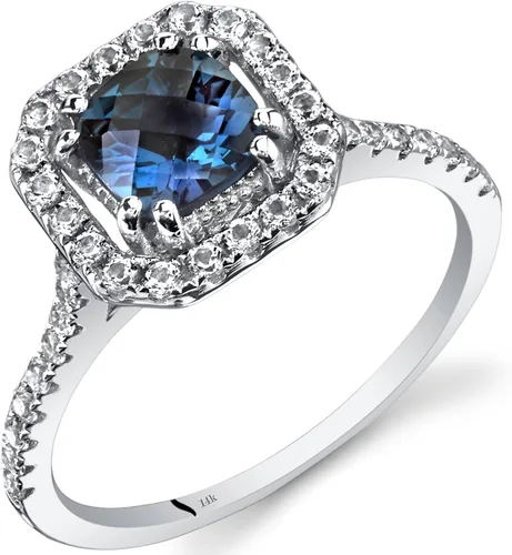 Peora Anillo de Alejandrita creado para mujer, oro blanco de 14 quilates con topacio blanco auténtico, cambio de color, corte cojín de 1 quilate de