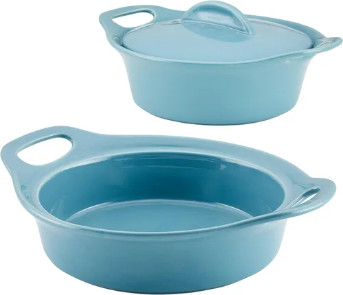 Miniatura 8 de Rachael Ray Solid Glaze Ceramics - Juego de utensilios para hornear/panadería con tapa compartida, 3 piezas, azul agave