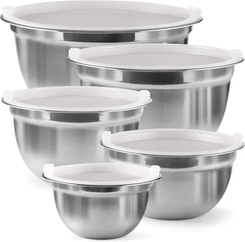 FineDine Juego de cuencos de acero inoxidable con tapas, artículos esenciales de cocina para el hogar, artículos imprescindibles para hornear, 5
