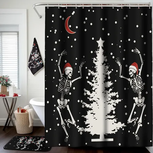 Miniatura 6 de Newwiee 7 piezas de juego de baño de Navidad, cortina de ducha de Navidad, cortina de ducha decorativa antideslizante, alfombras y toallas
