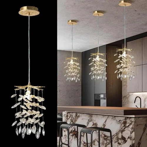 Miniatura 9 de YUYI Lámpara colgante de cristal de 8.3 pulgadas para isla de cocina, modernos candelabros de rama de árbol dorados, lámpara colgante redonda