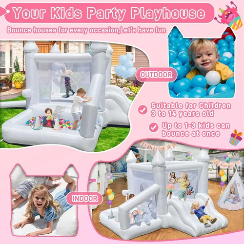 Miniatura 8 de Casa de rebote blanca, casa inflable para niños de 3 a 6 años con piscina de bolas y tobogán, castillo inflable para fiestas de cumpleaños, bodas