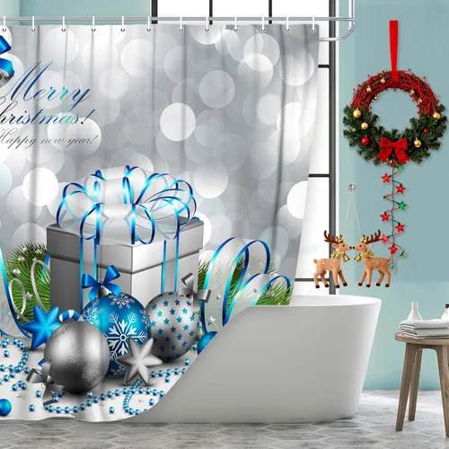 Miniatura 2 de DYNH Cortina de ducha navideña, feliz Navidad, bola y caja de Navidad plateada y azul para cortinas de baño de Año Nuevo, cortina de ducha de tela