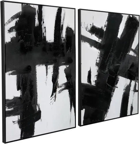 Miniatura 17 de Zessonic - Arte de pared abstracto en negro y oro - Decoración 2 piezas 16 x 24 pulgadas, lienzo en blanco y negro con lámina dorada para sala