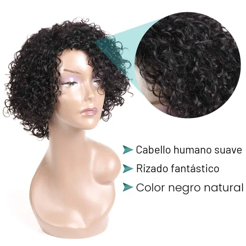 Miniatura 3 de Pelucas de cabello humano rizado brasileño de 10 pulgadas para mujeres negras, peluca corta sin pegamento con color natural, 100% cabello humano