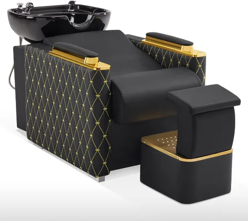 Miniatura 9 de BarberPub Silla de estación de champú de lavado a espalda con cuenco de cerámica de porcelana para lavar el cabello, rompe al vacío, silla Negro